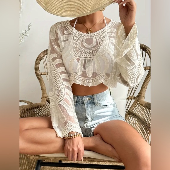 Boho Medallion Embroidered Sheer Crop Top | Cream Lace Festival Vibe Size M - Picture 4 of 6